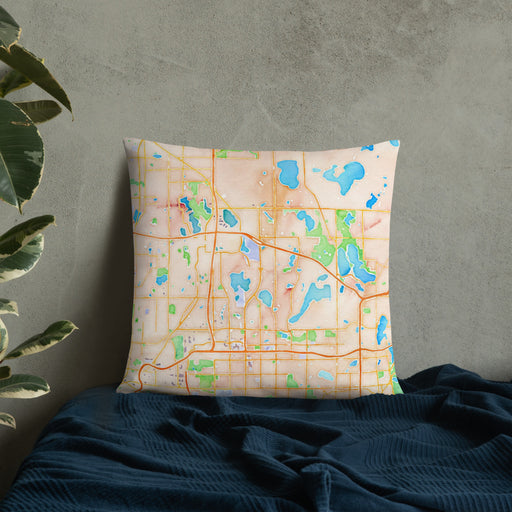 Custom Arden Hills Minnesota Map Throw Pillow in Watercolor on Bedding Against Wall