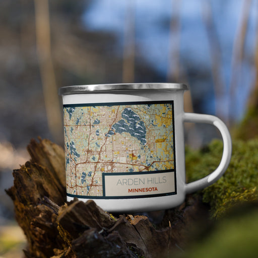 Right View Custom Arden Hills Minnesota Map Enamel Mug in Woodblock on Grass With Trees in Background