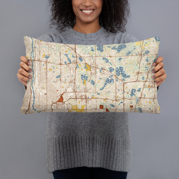 Person holding 20x12 Custom Arden Hills Minnesota Map Throw Pillow in Woodblock