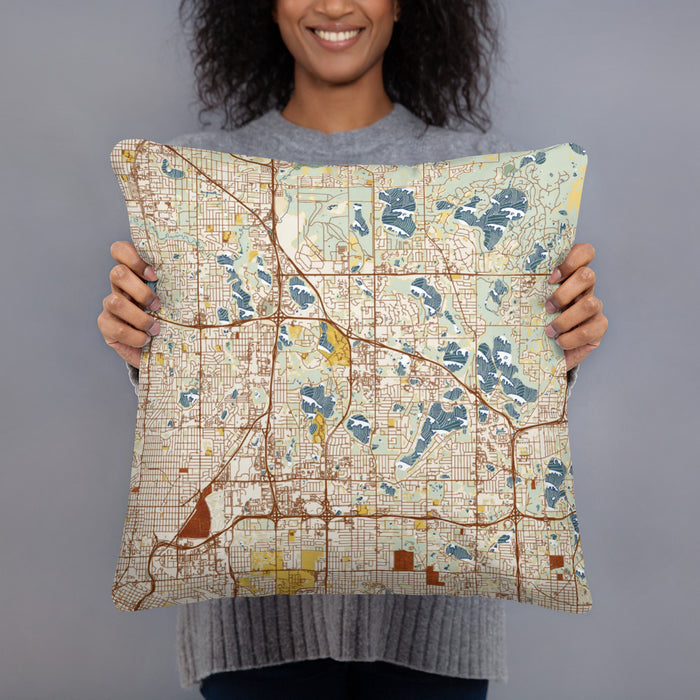 Person holding 18x18 Custom Arden Hills Minnesota Map Throw Pillow in Woodblock