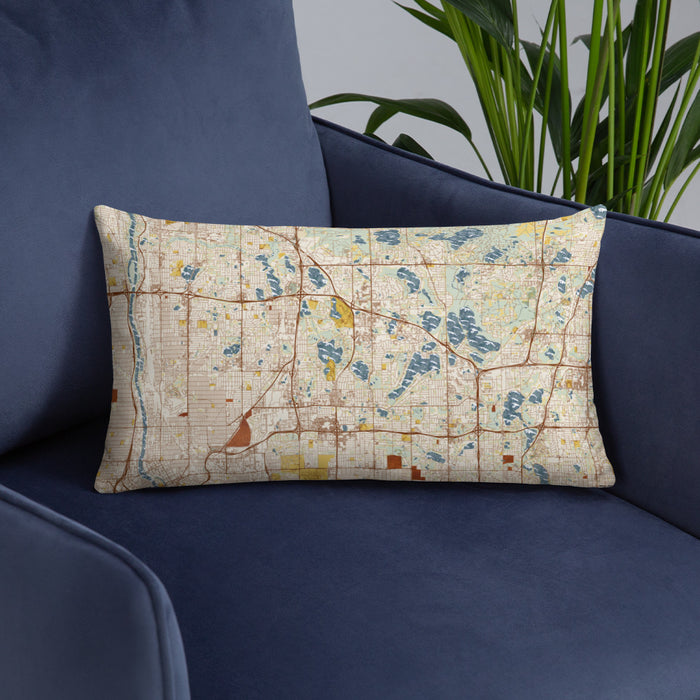 Custom Arden Hills Minnesota Map Throw Pillow in Woodblock on Blue Colored Chair
