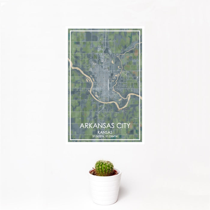 12x18 Arkansas City Kansas Map Print Portrait Orientation in Afternoon Style With Small Cactus Plant in White Planter