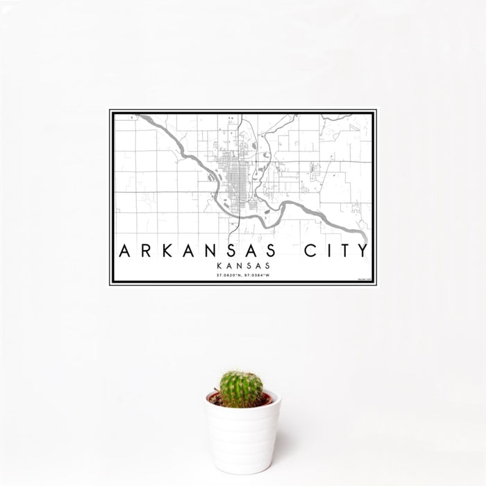 12x18 Arkansas City Kansas Map Print Landscape Orientation in Classic Style With Small Cactus Plant in White Planter