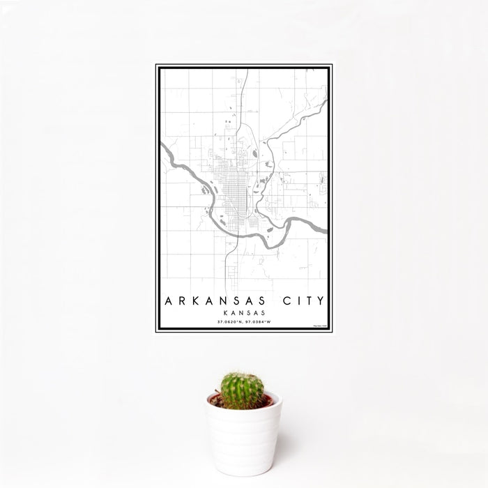 12x18 Arkansas City Kansas Map Print Portrait Orientation in Classic Style With Small Cactus Plant in White Planter