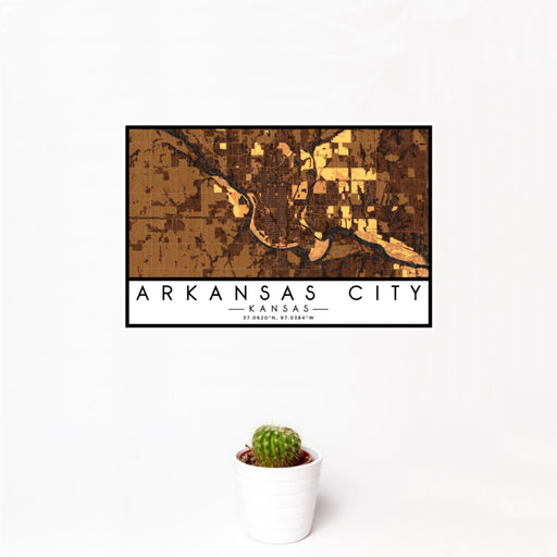 12x18 Arkansas City Kansas Map Print Landscape Orientation in Ember Style With Small Cactus Plant in White Planter