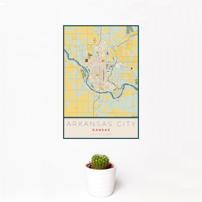 12x18 Arkansas City Kansas Map Print Portrait Orientation in Woodblock Style With Small Cactus Plant in White Planter