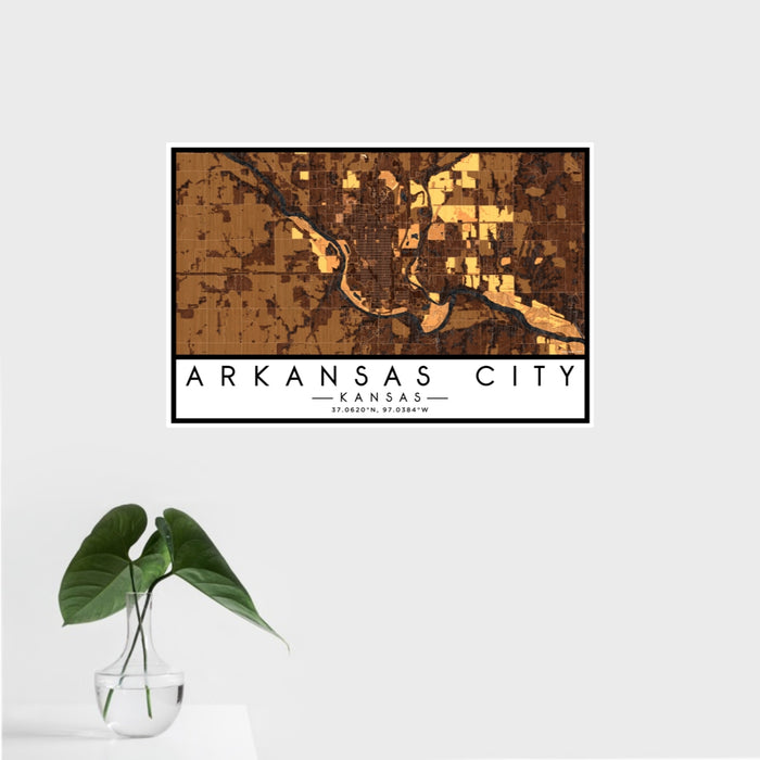16x24 Arkansas City Kansas Map Print Landscape Orientation in Ember Style With Tropical Plant Leaves in Water