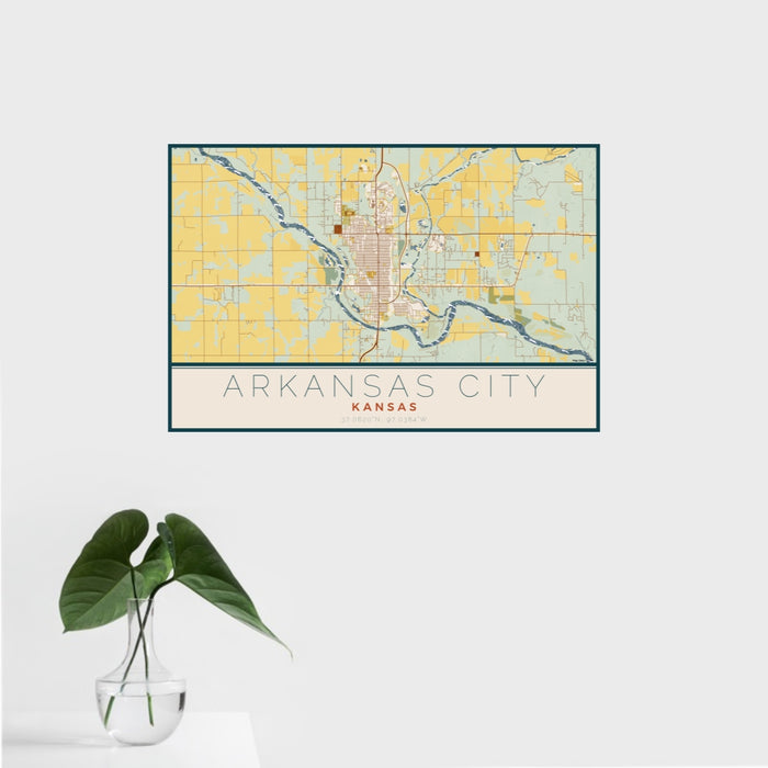 16x24 Arkansas City Kansas Map Print Landscape Orientation in Woodblock Style With Tropical Plant Leaves in Water