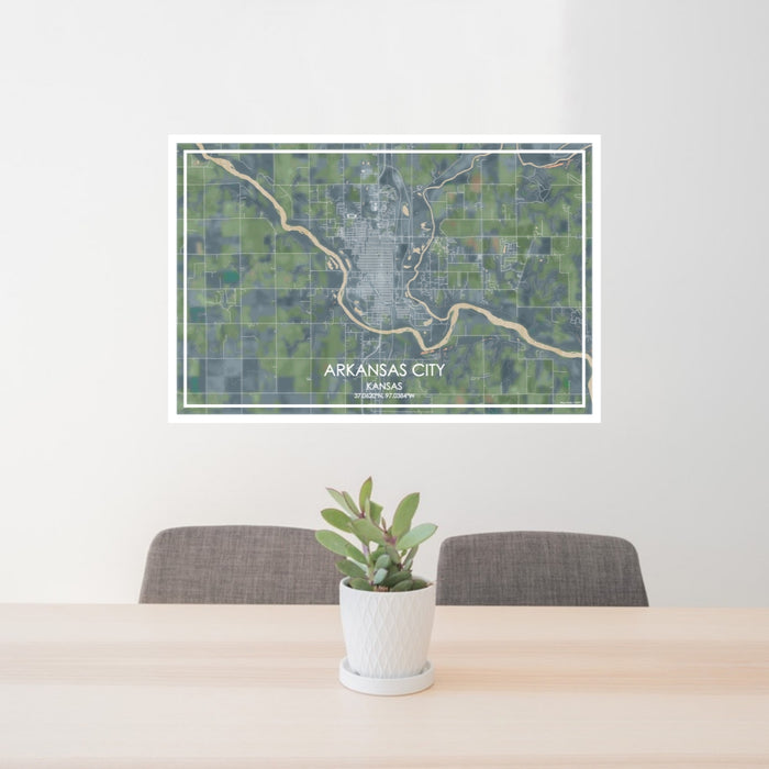 24x36 Arkansas City Kansas Map Print Lanscape Orientation in Afternoon Style Behind 2 Chairs Table and Potted Plant