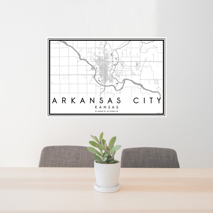 24x36 Arkansas City Kansas Map Print Lanscape Orientation in Classic Style Behind 2 Chairs Table and Potted Plant
