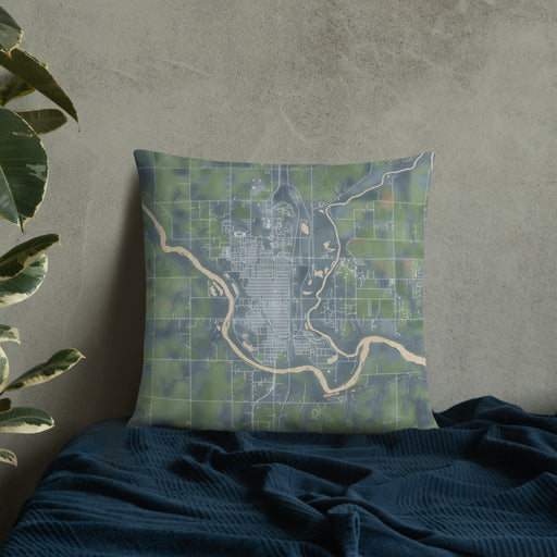 Custom Arkansas City Kansas Map Throw Pillow in Afternoon on Bedding Against Wall