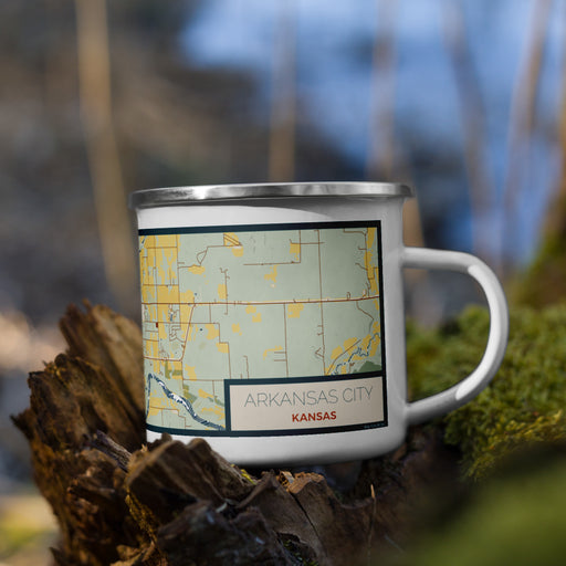 Right View Custom Arkansas City Kansas Map Enamel Mug in Woodblock on Grass With Trees in Background