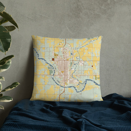 Custom Arkansas City Kansas Map Throw Pillow in Woodblock on Bedding Against Wall