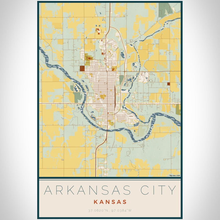 Arkansas City Kansas Map Print Portrait Orientation in Woodblock Style With Shaded Background