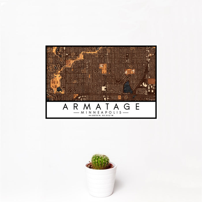 12x18 Armatage Minneapolis Map Print Landscape Orientation in Ember Style With Small Cactus Plant in White Planter