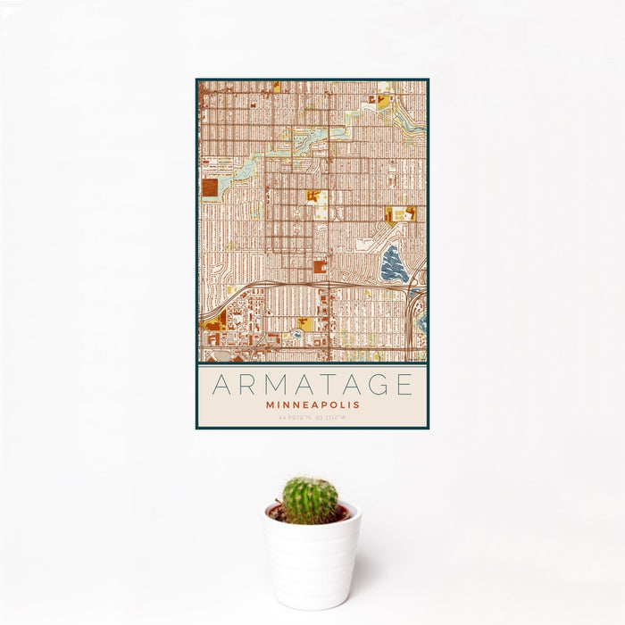 12x18 Armatage Minneapolis Map Print Portrait Orientation in Woodblock Style With Small Cactus Plant in White Planter