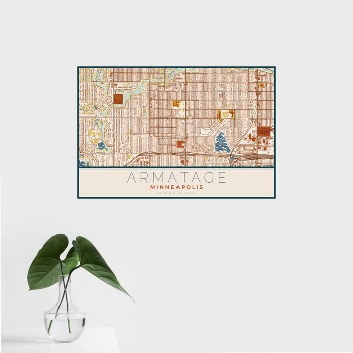 16x24 Armatage Minneapolis Map Print Landscape Orientation in Woodblock Style With Tropical Plant Leaves in Water