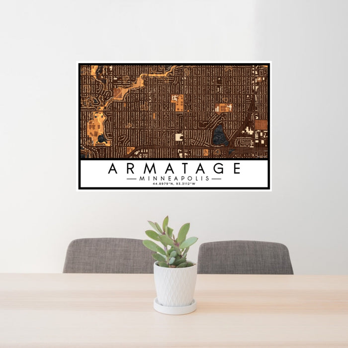 24x36 Armatage Minneapolis Map Print Lanscape Orientation in Ember Style Behind 2 Chairs Table and Potted Plant