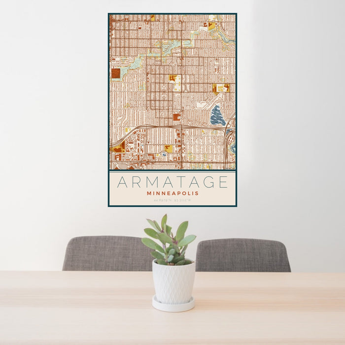 24x36 Armatage Minneapolis Map Print Portrait Orientation in Woodblock Style Behind 2 Chairs Table and Potted Plant