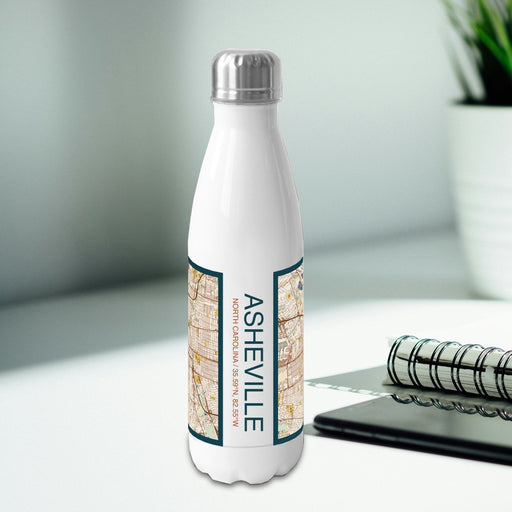Asheville North Carolina Custom City Map Inscription Coordinates on 17oz Stainless Steel Insulated Bottle with printed woodblock style map