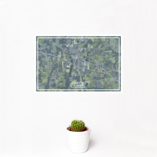 12x18 Ashford Alabama Map Print Landscape Orientation in Afternoon Style With Small Cactus Plant in White Planter