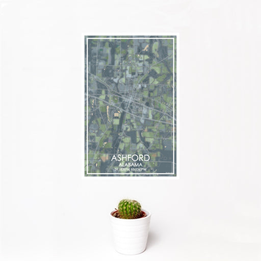 12x18 Ashford Alabama Map Print Portrait Orientation in Afternoon Style With Small Cactus Plant in White Planter