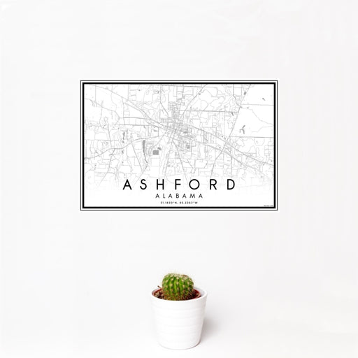 12x18 Ashford Alabama Map Print Landscape Orientation in Classic Style With Small Cactus Plant in White Planter
