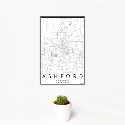 12x18 Ashford Alabama Map Print Portrait Orientation in Classic Style With Small Cactus Plant in White Planter