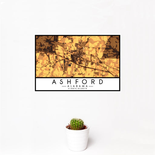 12x18 Ashford Alabama Map Print Landscape Orientation in Ember Style With Small Cactus Plant in White Planter
