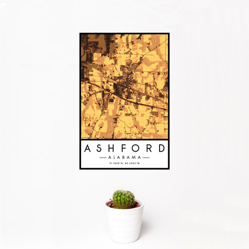 12x18 Ashford Alabama Map Print Portrait Orientation in Ember Style With Small Cactus Plant in White Planter