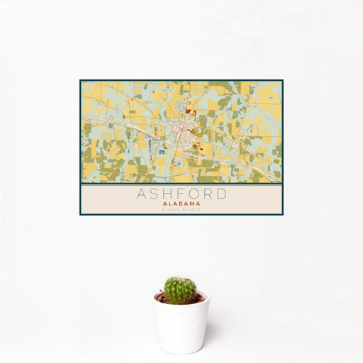 12x18 Ashford Alabama Map Print Landscape Orientation in Woodblock Style With Small Cactus Plant in White Planter