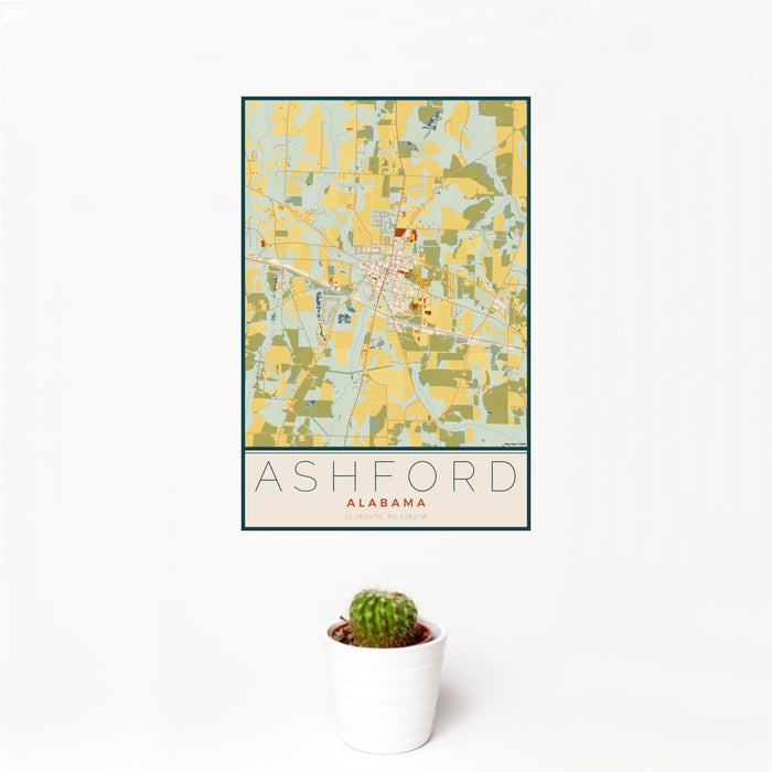 12x18 Ashford Alabama Map Print Portrait Orientation in Woodblock Style With Small Cactus Plant in White Planter