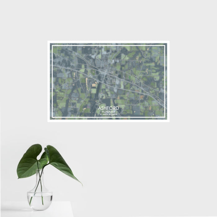 16x24 Ashford Alabama Map Print Landscape Orientation in Afternoon Style With Tropical Plant Leaves in Water