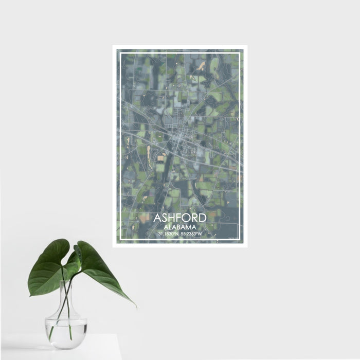 16x24 Ashford Alabama Map Print Portrait Orientation in Afternoon Style With Tropical Plant Leaves in Water