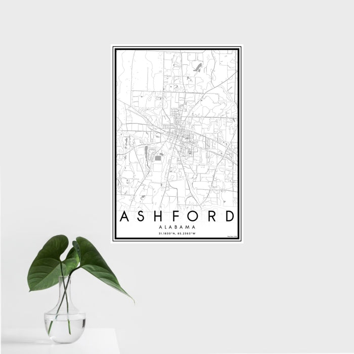 16x24 Ashford Alabama Map Print Portrait Orientation in Classic Style With Tropical Plant Leaves in Water