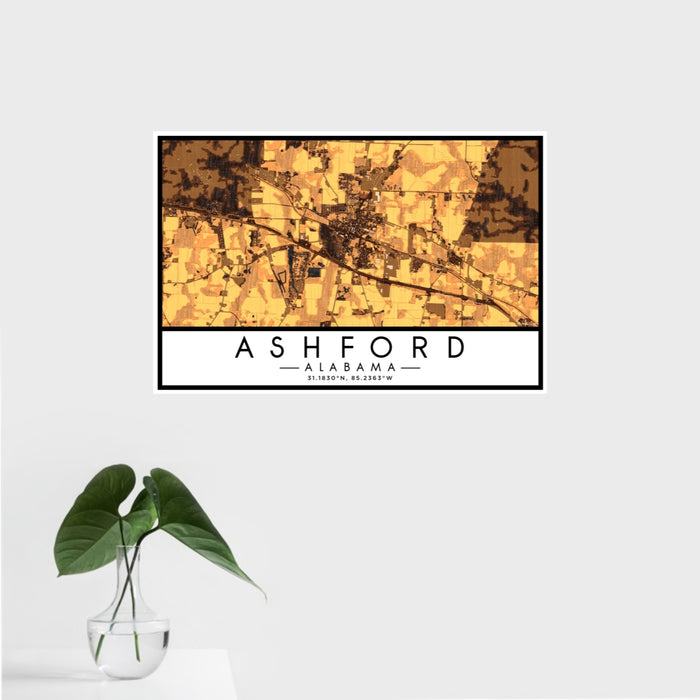 16x24 Ashford Alabama Map Print Landscape Orientation in Ember Style With Tropical Plant Leaves in Water