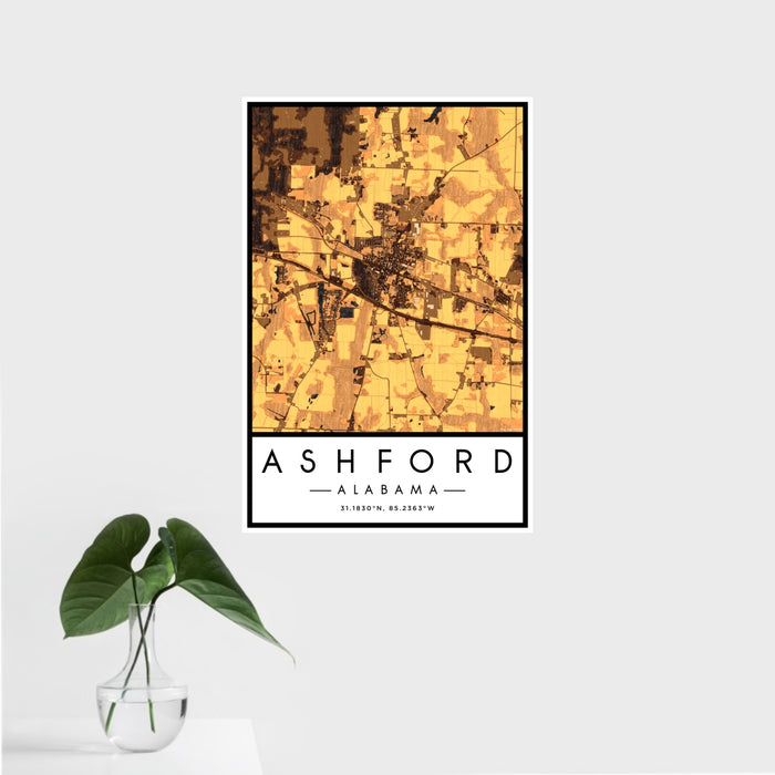 16x24 Ashford Alabama Map Print Portrait Orientation in Ember Style With Tropical Plant Leaves in Water