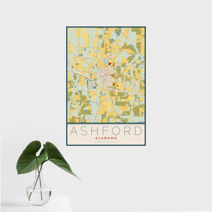 16x24 Ashford Alabama Map Print Portrait Orientation in Woodblock Style With Tropical Plant Leaves in Water