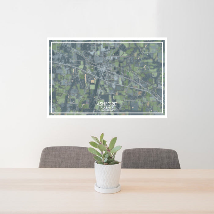 24x36 Ashford Alabama Map Print Lanscape Orientation in Afternoon Style Behind 2 Chairs Table and Potted Plant