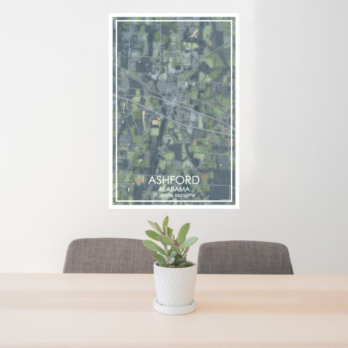 24x36 Ashford Alabama Map Print Portrait Orientation in Afternoon Style Behind 2 Chairs Table and Potted Plant