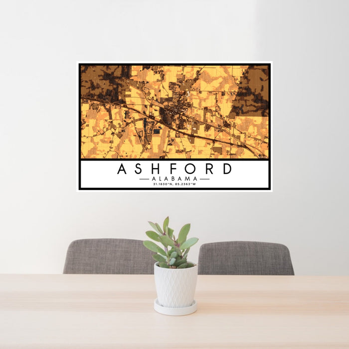 24x36 Ashford Alabama Map Print Lanscape Orientation in Ember Style Behind 2 Chairs Table and Potted Plant