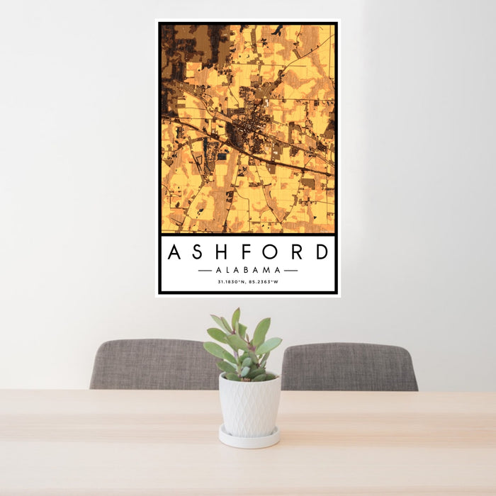 24x36 Ashford Alabama Map Print Portrait Orientation in Ember Style Behind 2 Chairs Table and Potted Plant