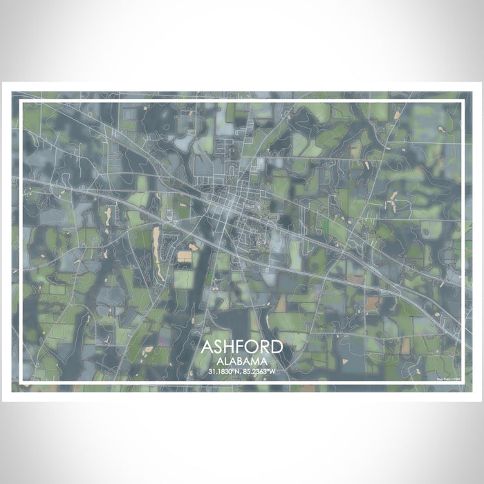 Ashford Alabama Map Print Landscape Orientation in Afternoon Style With Shaded Background
