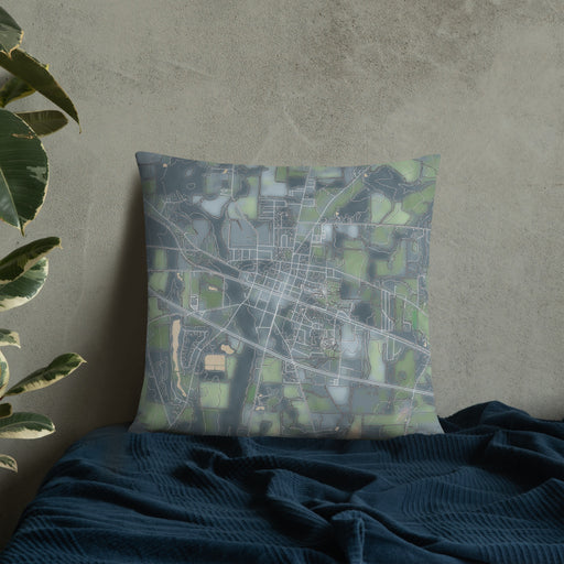 Custom Ashford Alabama Map Throw Pillow in Afternoon on Bedding Against Wall