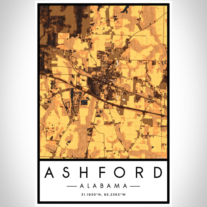 Ashford Alabama Map Print Portrait Orientation in Ember Style With Shaded Background