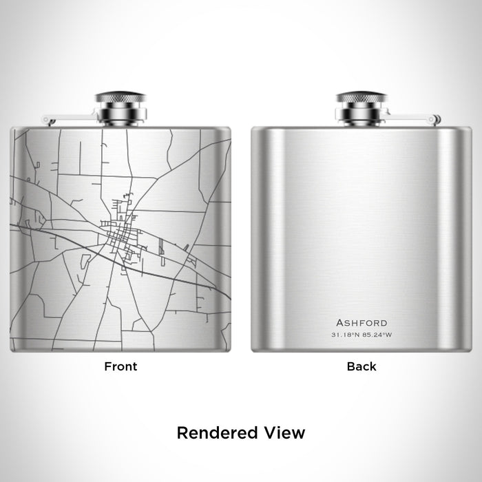 Rendered View of Ashford Alabama Map Engraving on 6oz Stainless Steel Flask