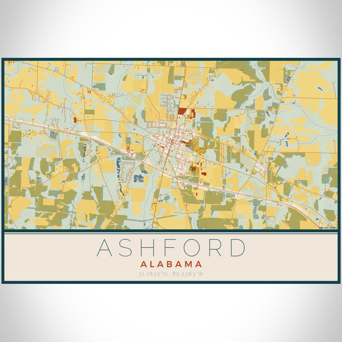 Ashford Alabama Map Print Landscape Orientation in Woodblock Style With Shaded Background