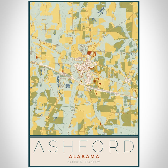 Ashford Alabama Map Print Portrait Orientation in Woodblock Style With Shaded Background