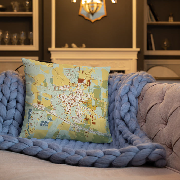 Custom Ashford Alabama Map Throw Pillow in Woodblock on Cream Colored Couch