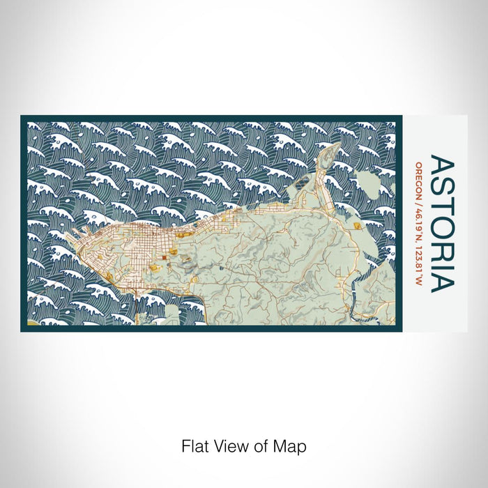 Rendered View of Astoria Oregon Map on 17oz Stainless Steel Insulated Bottle with printed woodblock style map